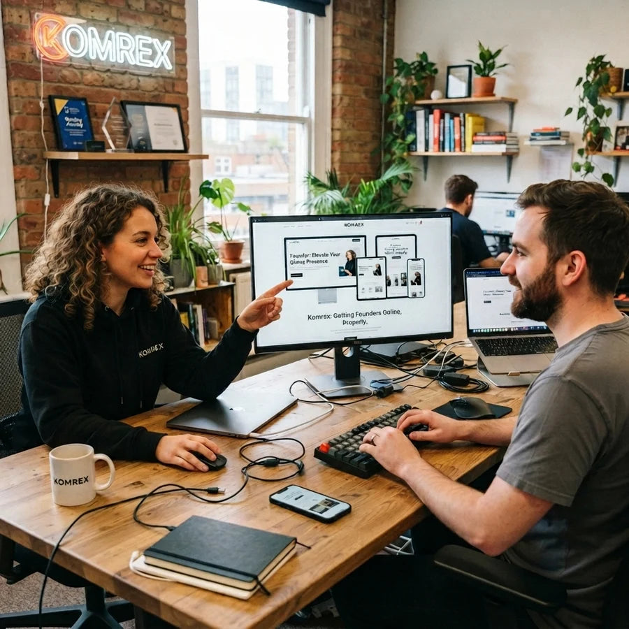 A man and a woman collaborate at a wooden desk in a modern office workspace. The woman points at a computer screen displaying a Notion template, while the man types on his laptop.